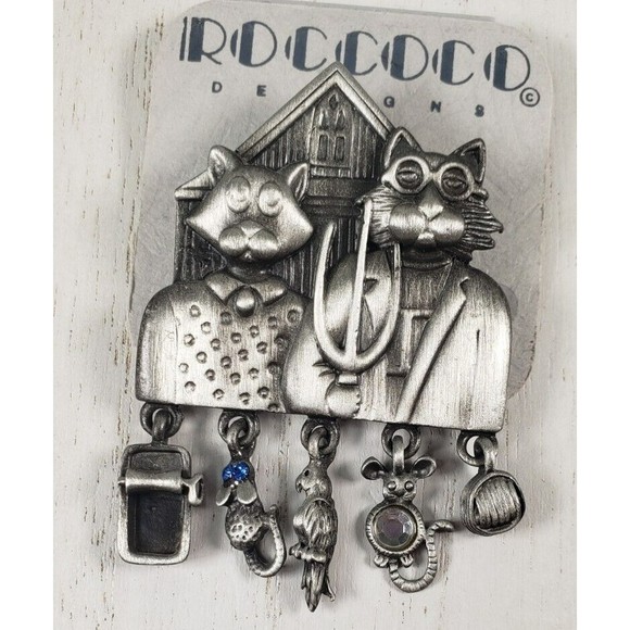 Vintage AJC Pewter Cat Brooch American Gothic Dangle Details Brooch Pin - Picture 3 of 10